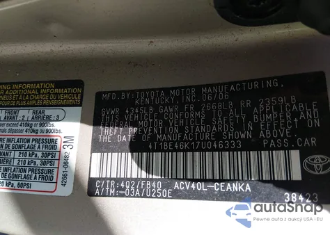 2007 Toyota Camry Le z USA, uszkodzony, nr VIN 4T1BE46K17U046333